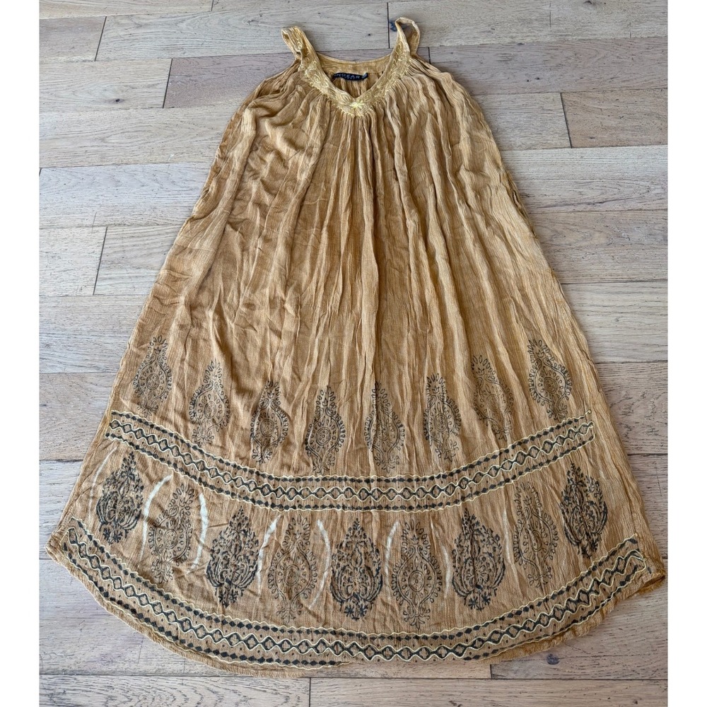 Ingear Resort Crinkle Maxi Dress Mustard Yellow Excellent Paisley Boho (1775)
